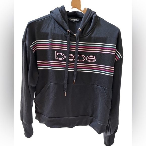 bebe Tops - NWT Bebe black hoodie with colorful stripes size L